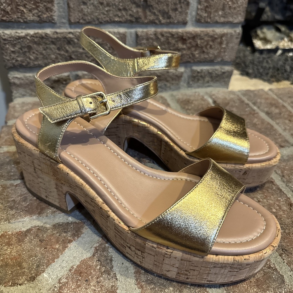 Nordstrom Womens Gold Cork Strap Leather Claudia Platform Sandal Sz 8 #810